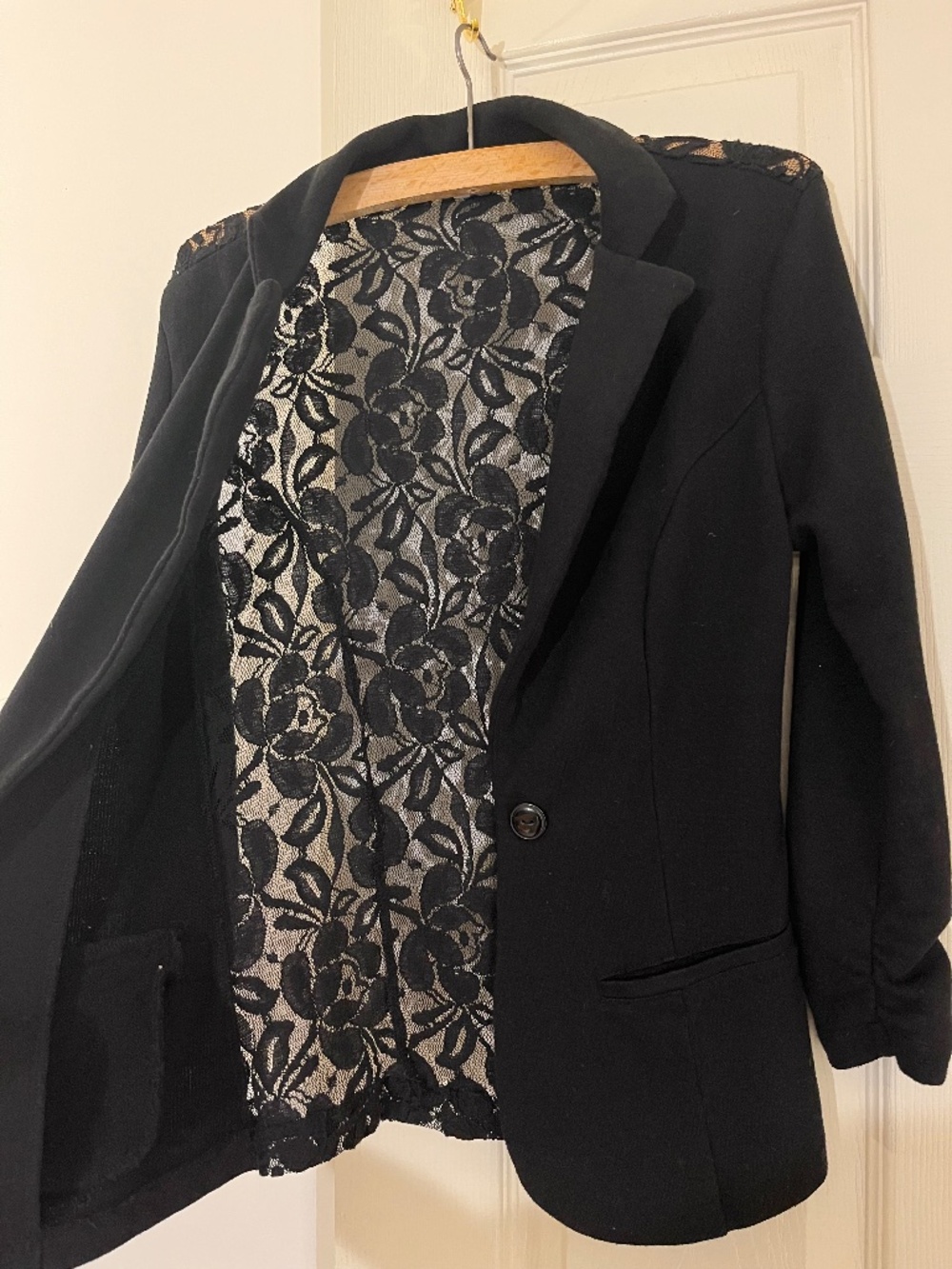 Kismet - Lace Back Black Blazer with Three Quarter Ruffled Sleeves